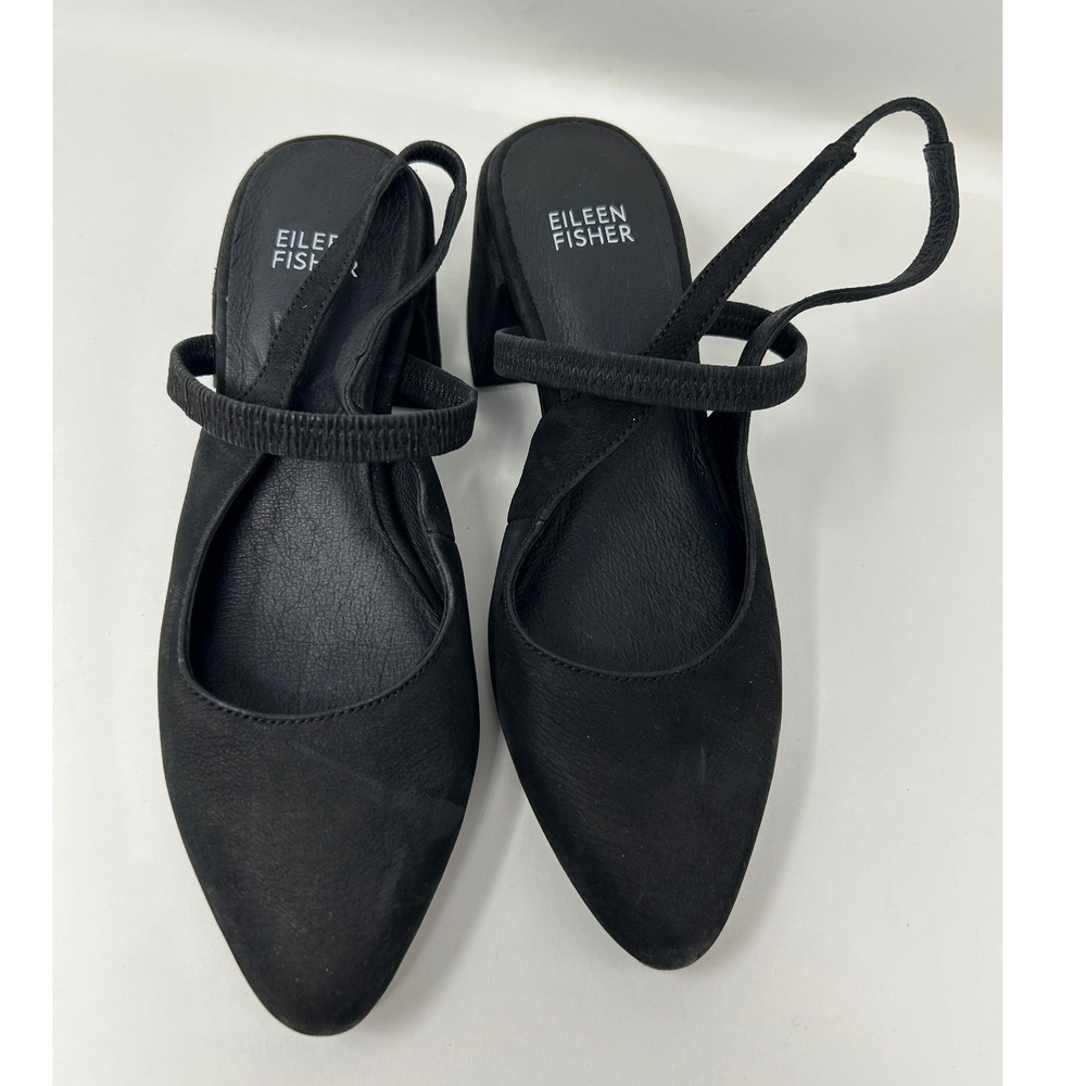 Eileen Fisher Womens Black Suede Block Heel Multi Strap Pointed Toe Pumps Sz 5.5